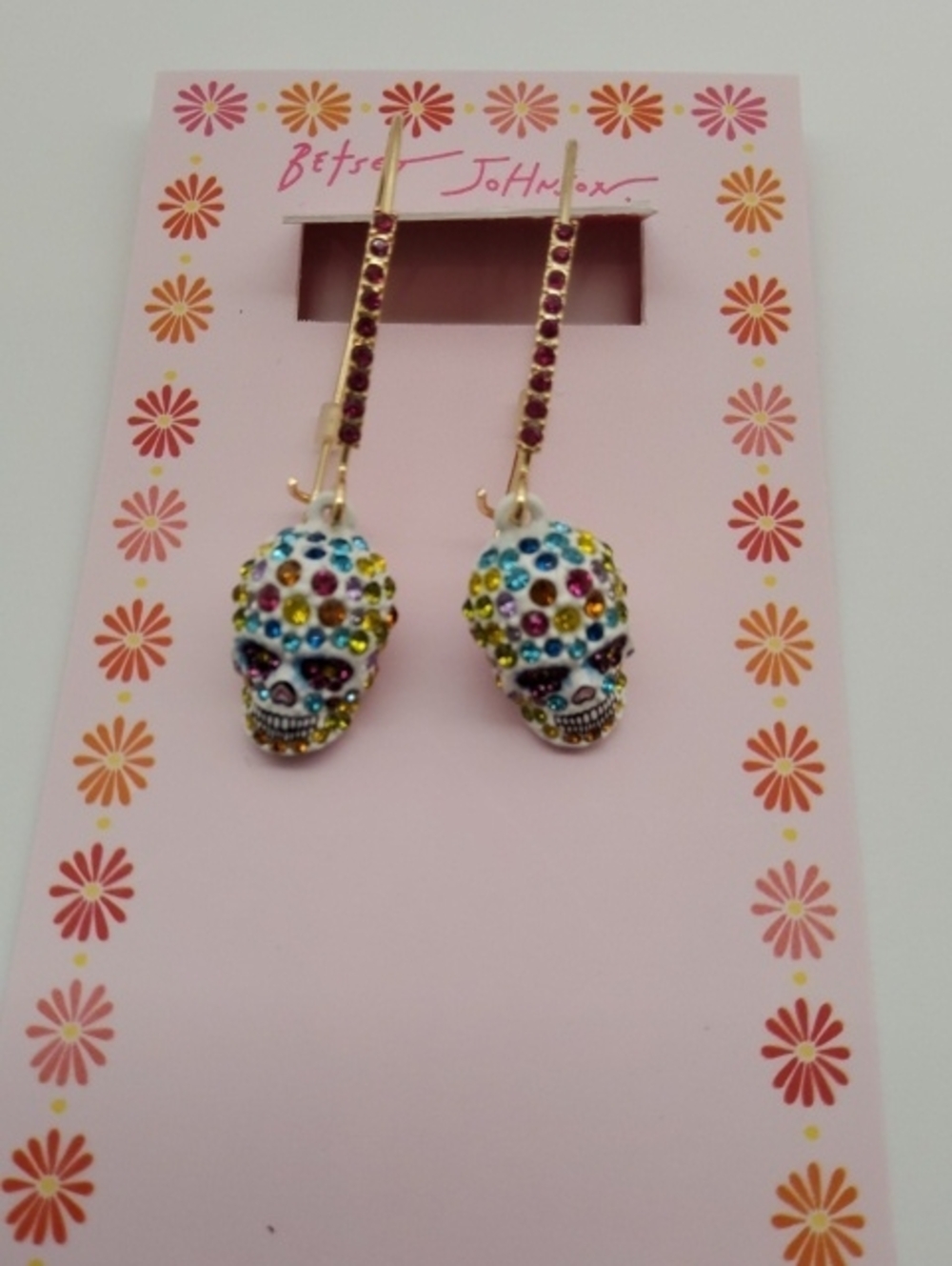 Betsey Johnson Gold-Tone Multicolor Crystal Skull Drop Earrings